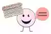 En p-piller karta med första raden markerad. Ett p-piller med glad mun säger "Använd kondom!".