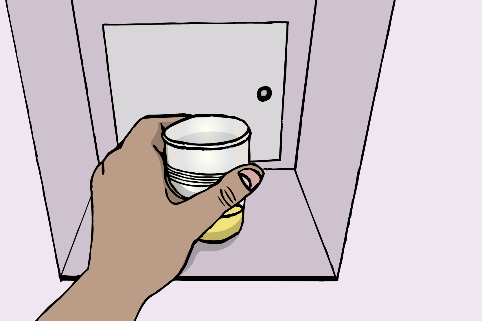 En hand ställer in ett urinprov i en lucka. Illustration.