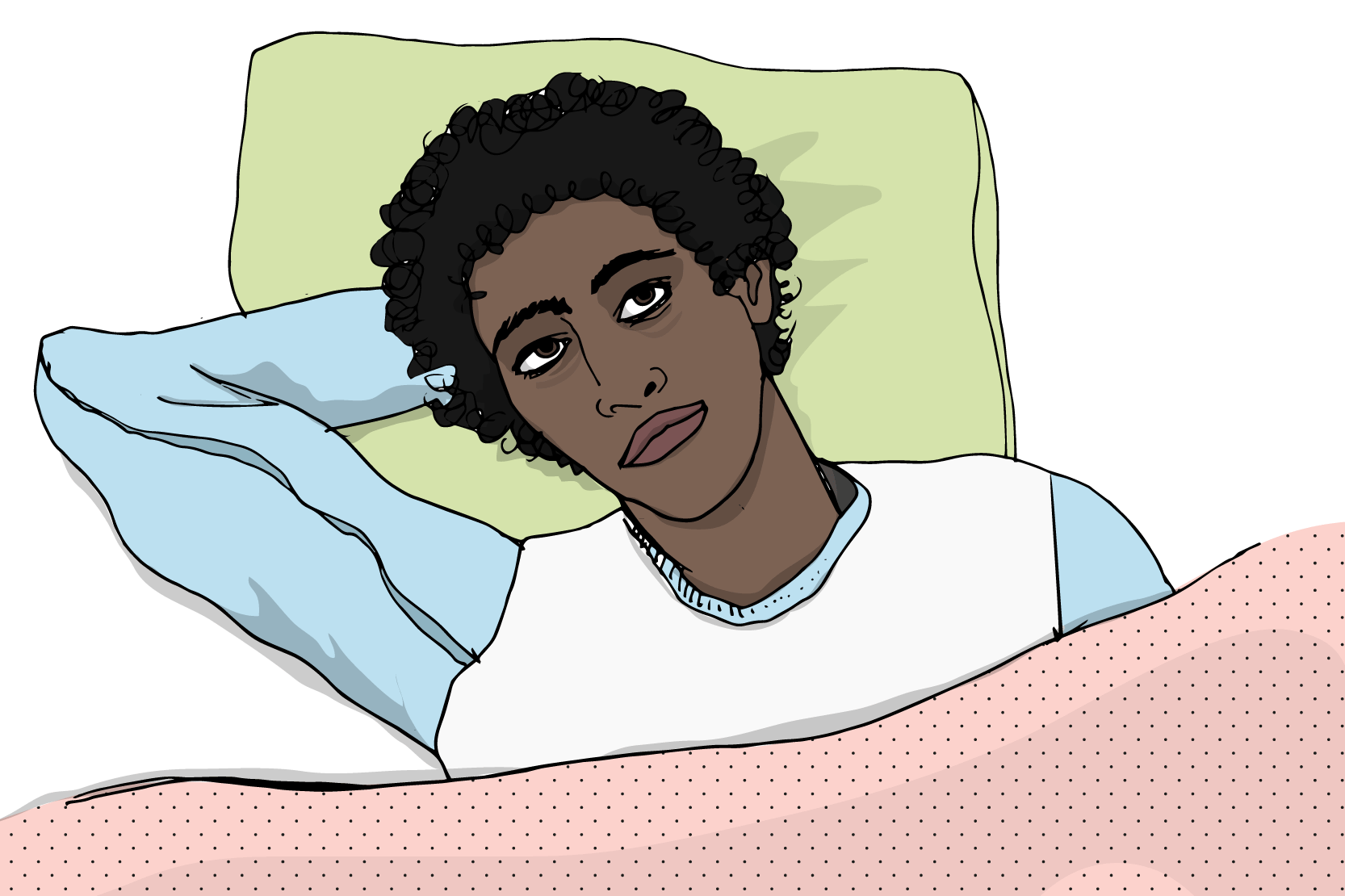 En person som ligger i en säng med ena armen under sitt huvud. Illustration