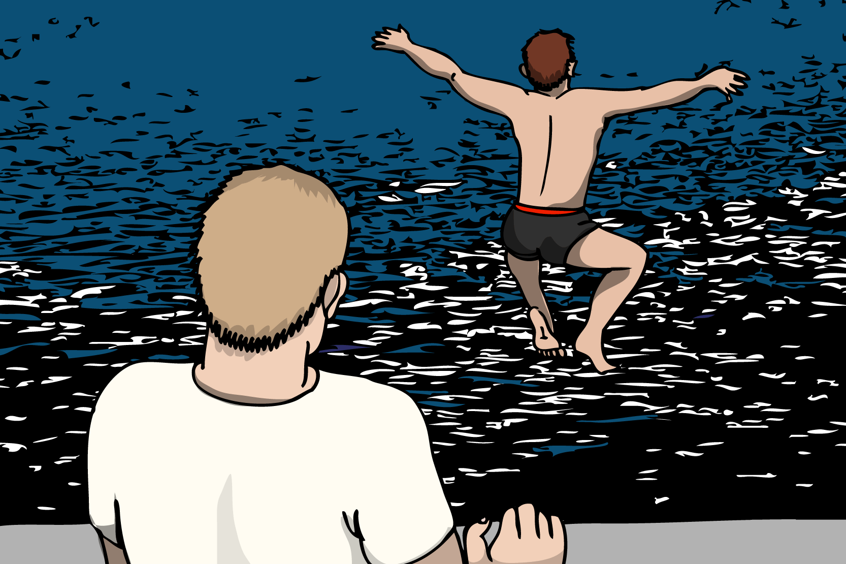 En person som hoppar ner i vattnet och en person som tittar på. Illustration.