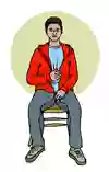 Person som sitter på en stol och blundar och håller handen på magen. Illustration