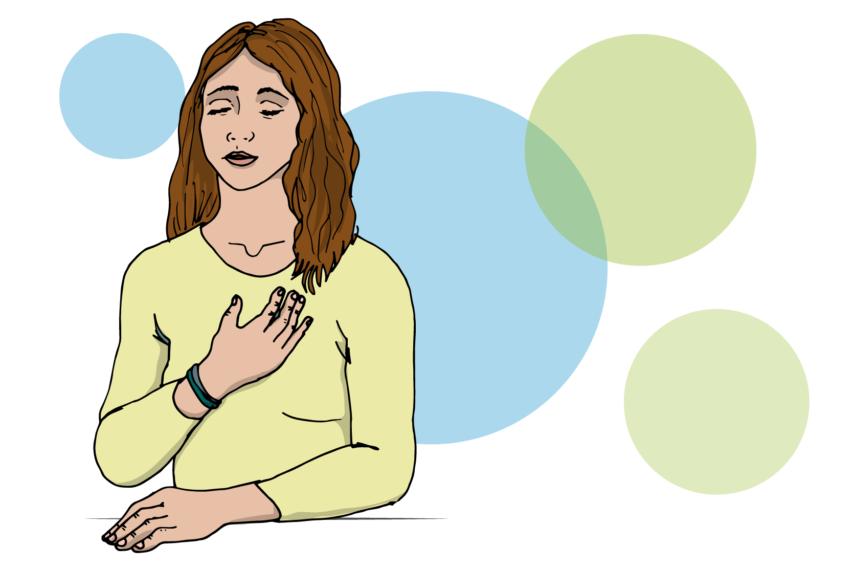 Person som blundar och håller handen över bröstet. Illustration.