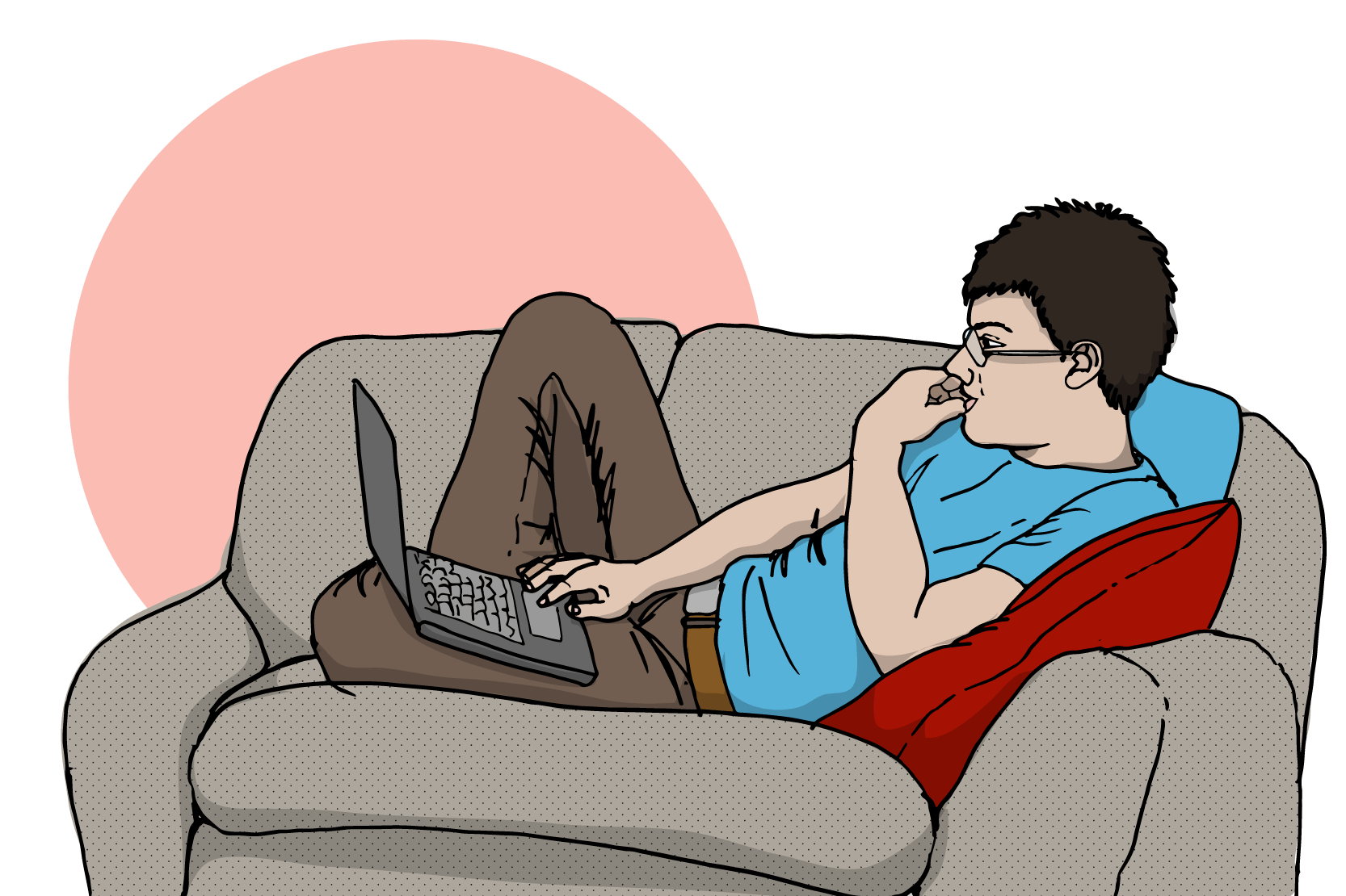 En person som ligger i en soffa med datorn i knät. Illustration. 