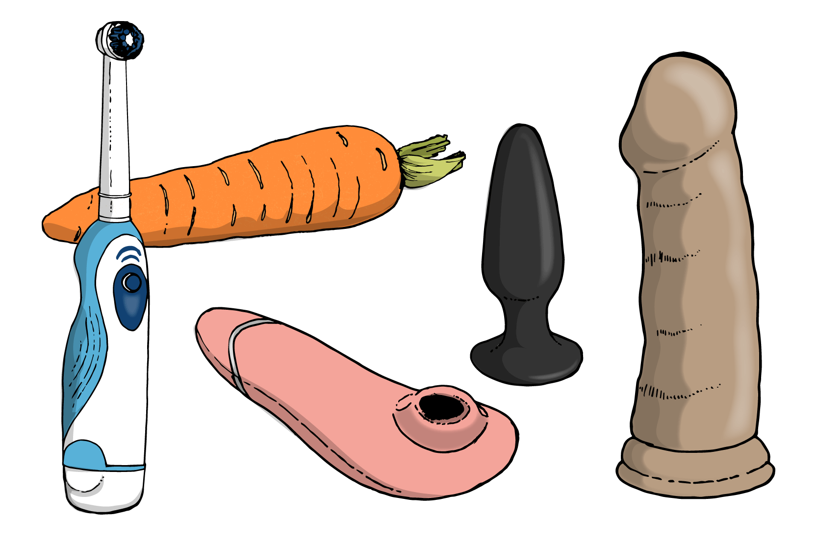En bild på sexleksaker som en dildo, en buttplugg, en eltandborste, en morot, en klitorisstimulerare. Illustration.