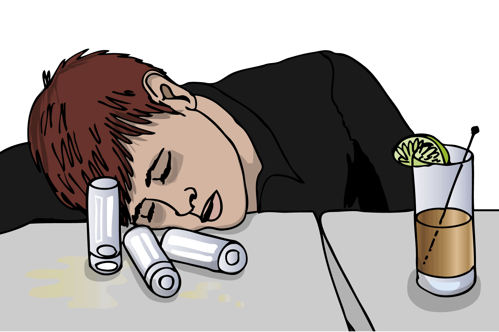 Person som sover med huvudet på ett bord som är fullt av uppdruckna drinkar. Illustration.