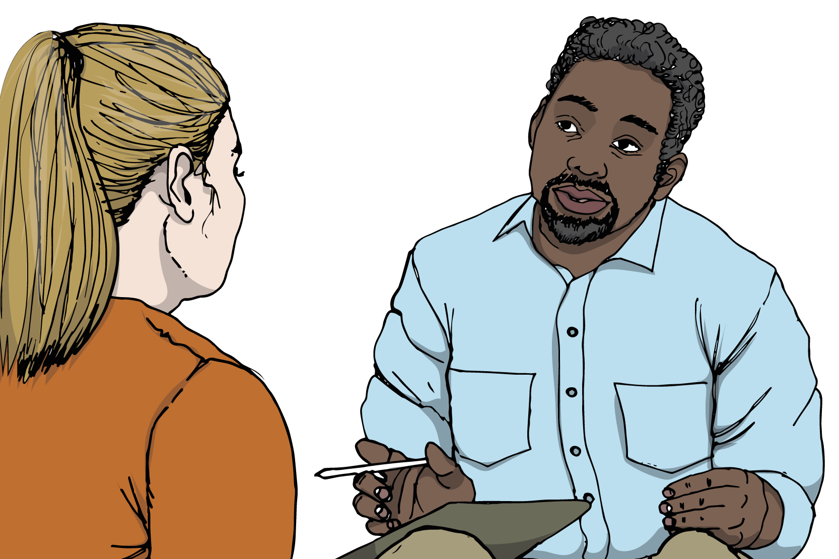 En vuxen som vänligt lyssnar på en ung person. Illustration