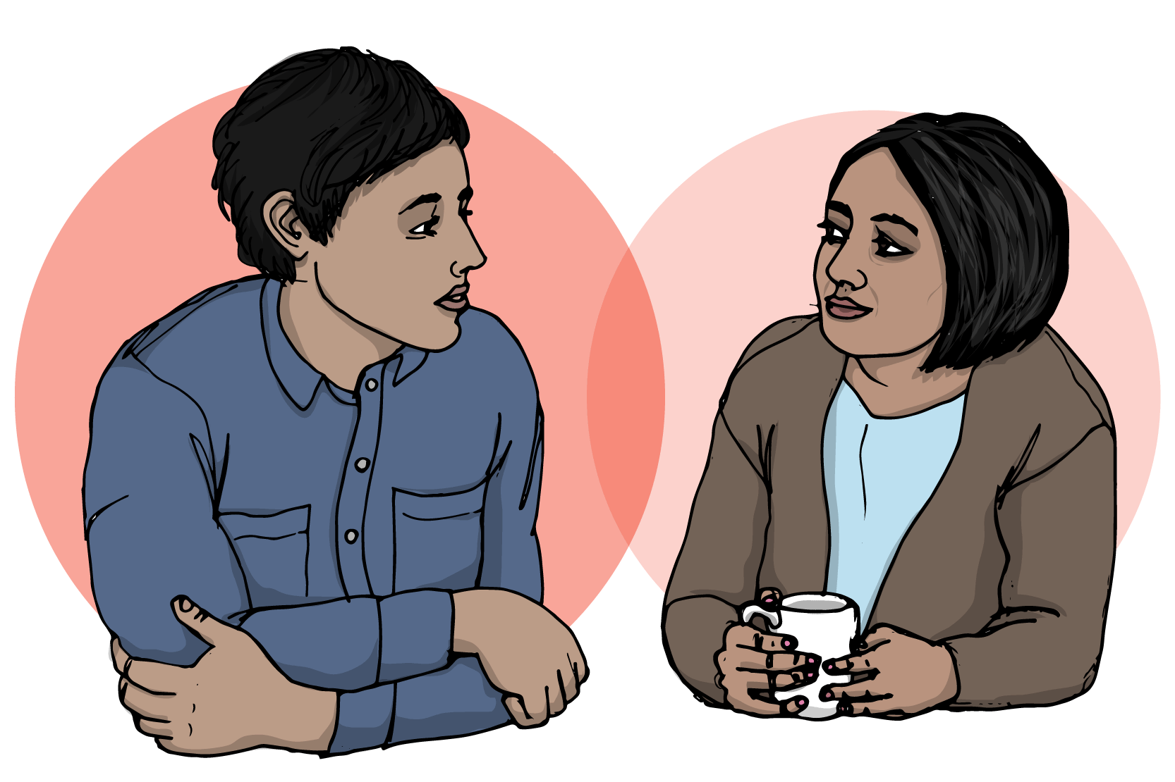 En vuxen och en ung person som sitter och pratar. Illustration.