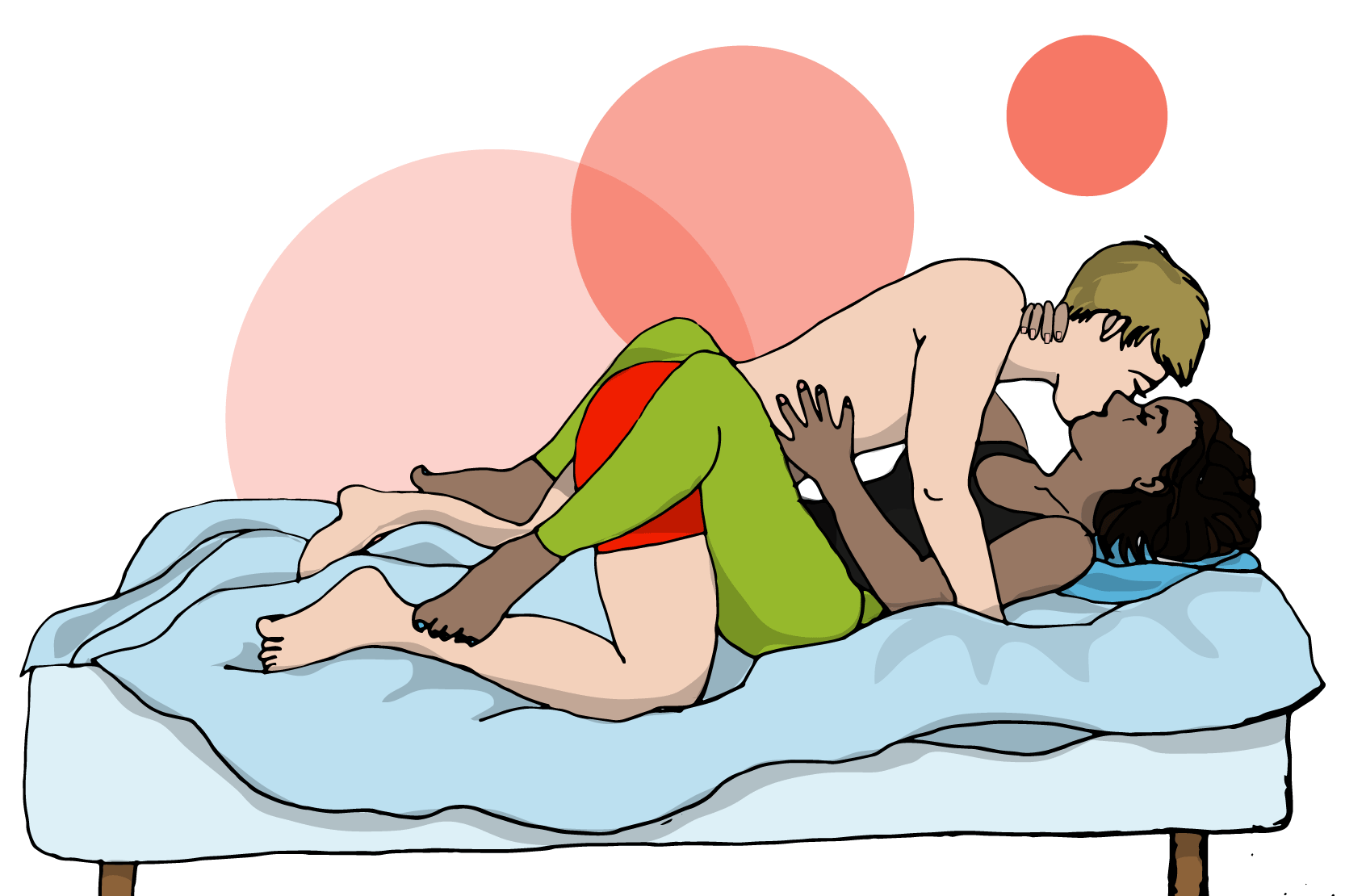 Två personer ligger i en säng och kysser och håller om varandra. Illustration.