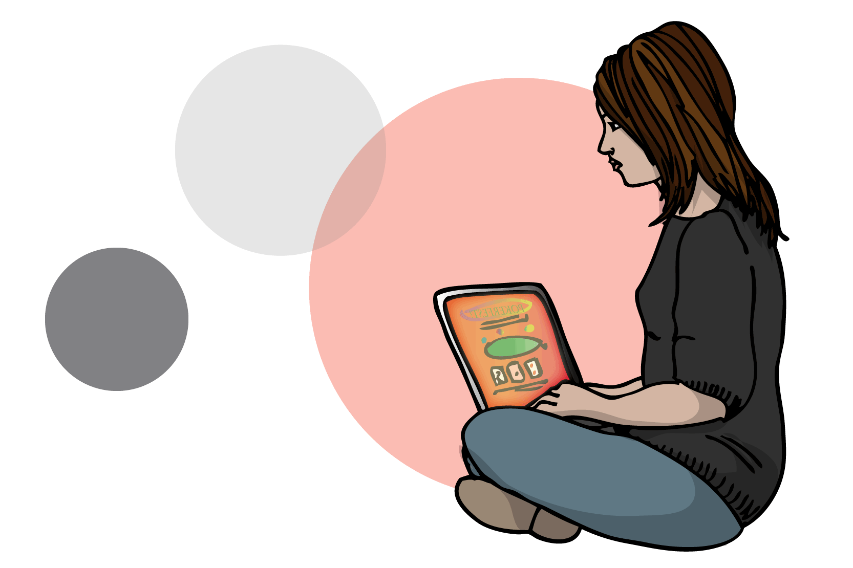 Illustration av en person som sitter med en dator i knät och spelar nätpoker.