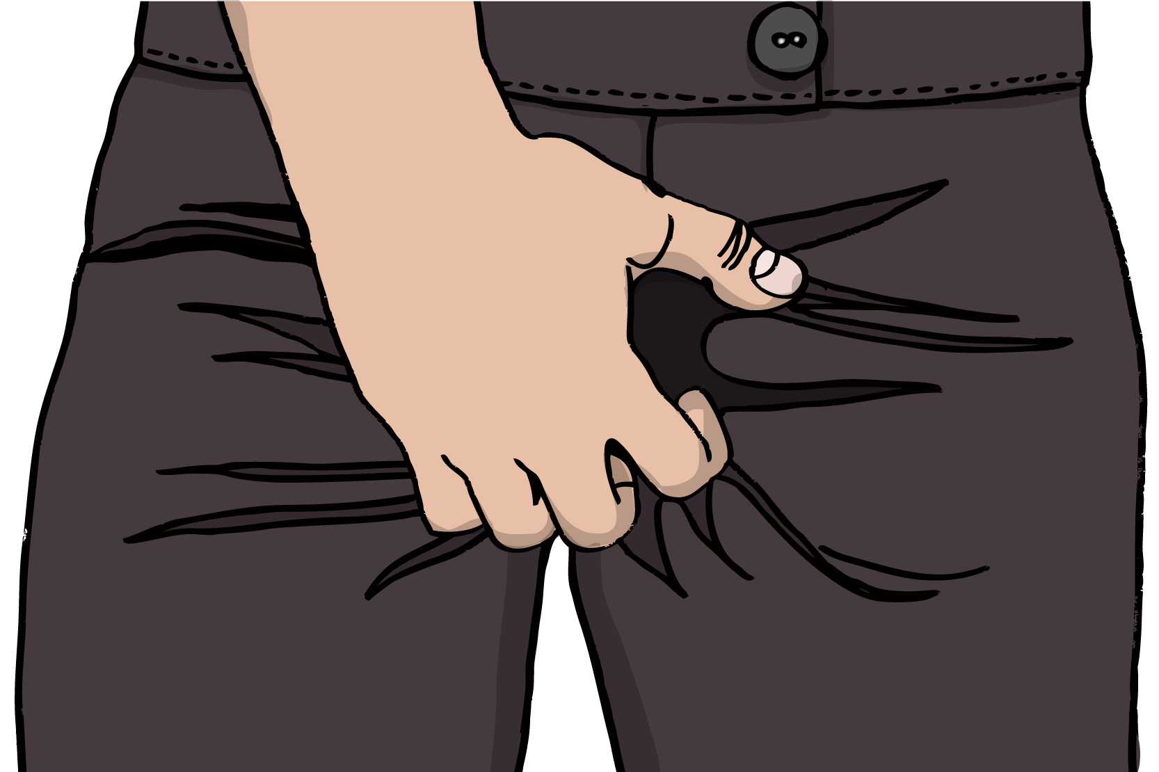 Person som står med handen innanför byxorna och kliar sig, illustration.