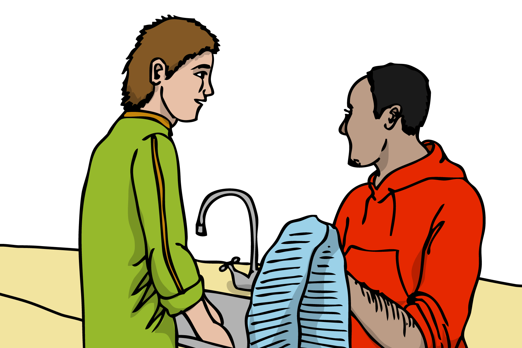 Två personer som hjälps åt att diska, illustration.