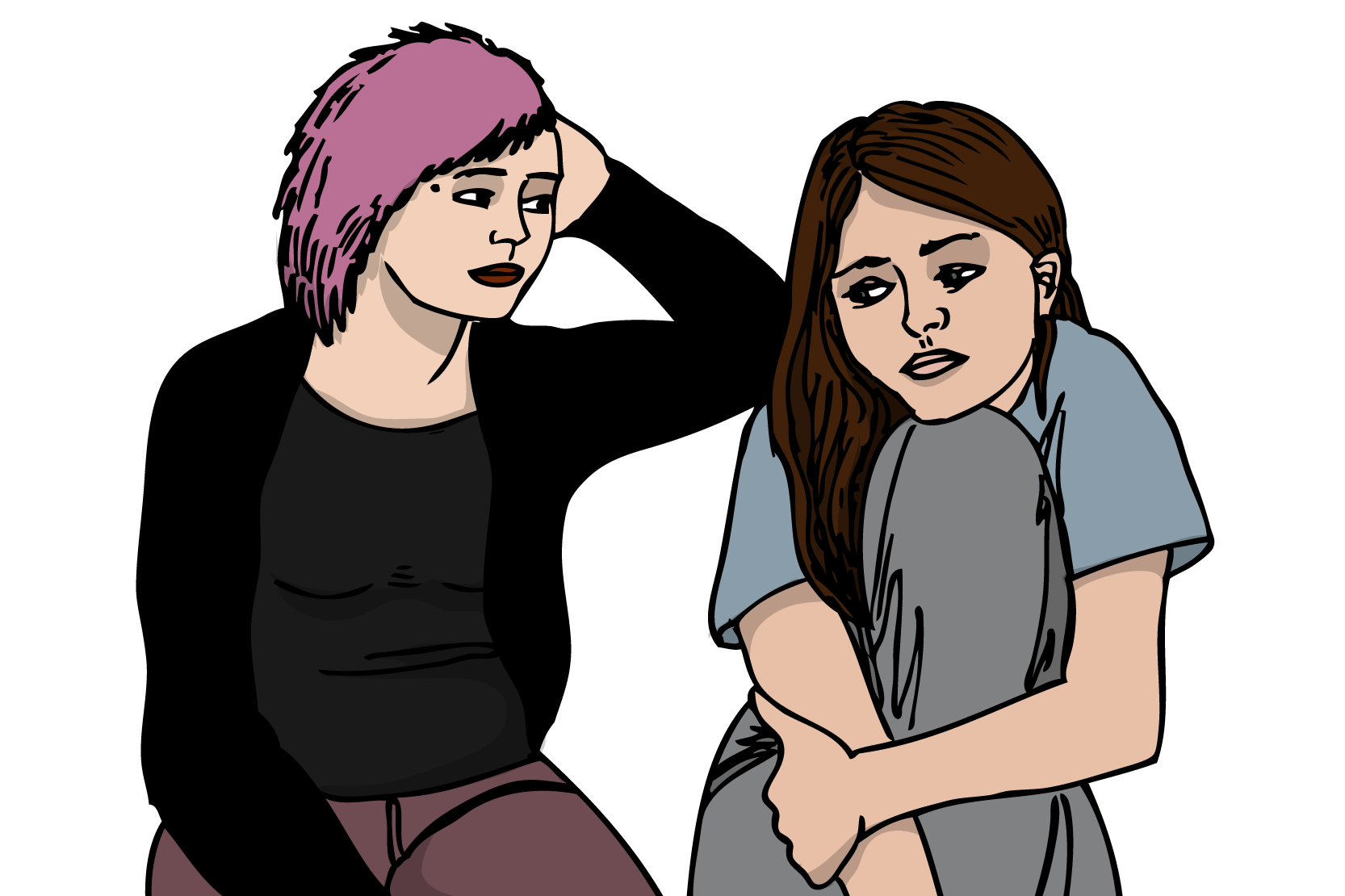 Illustration av två personer sitter bredvid varandra och ser bekymrade ut.