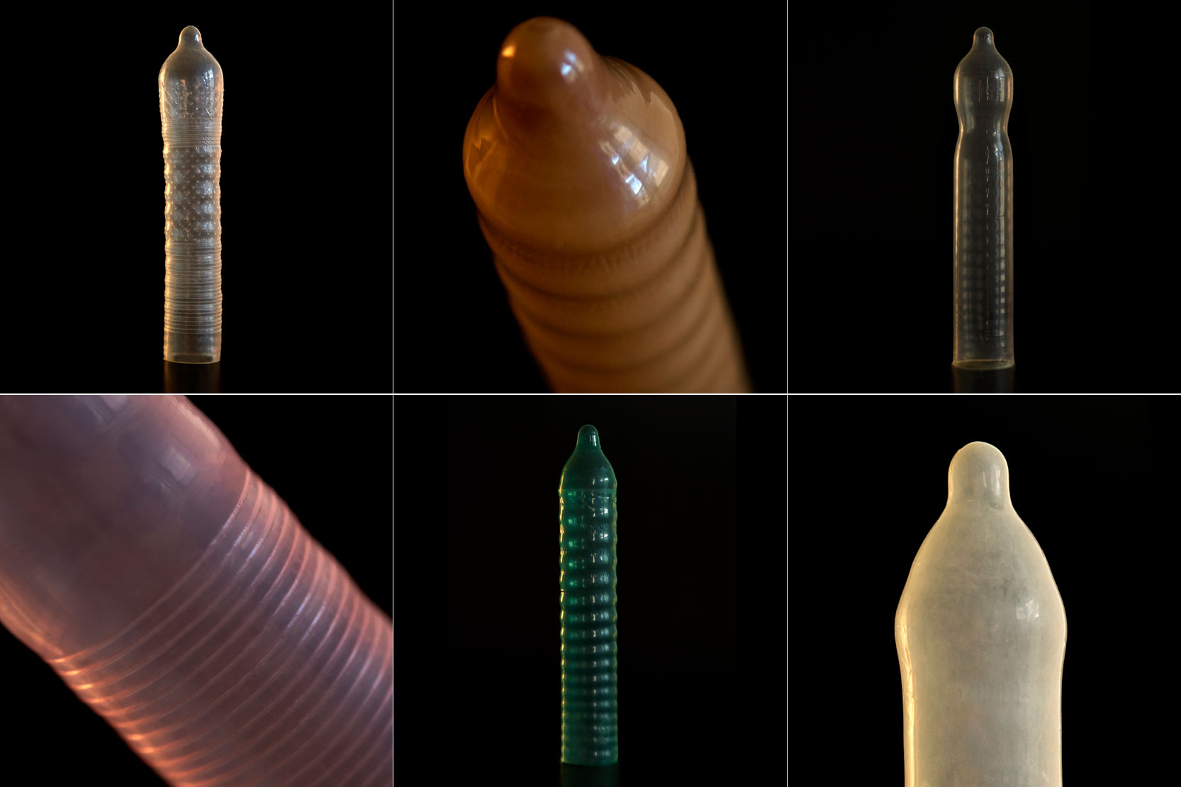 Olika kondomer i olika färger och former