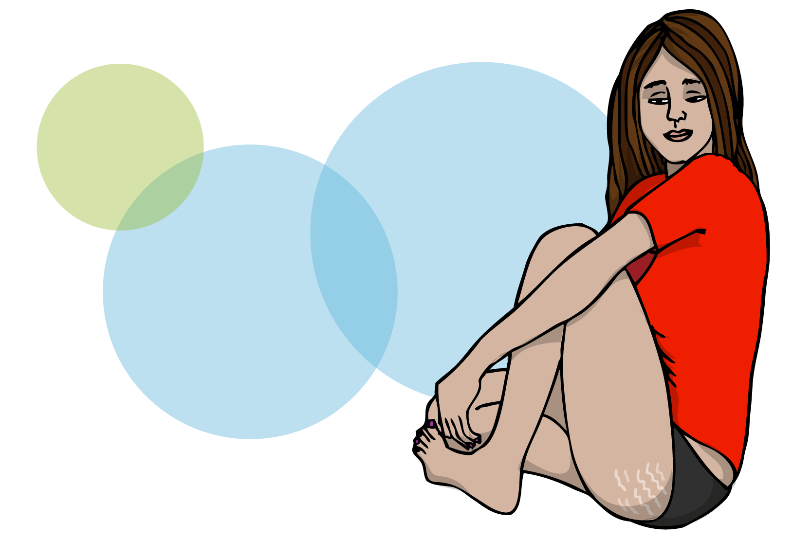 Person som tittar ner på sina hudbristningar på höften, illustration.