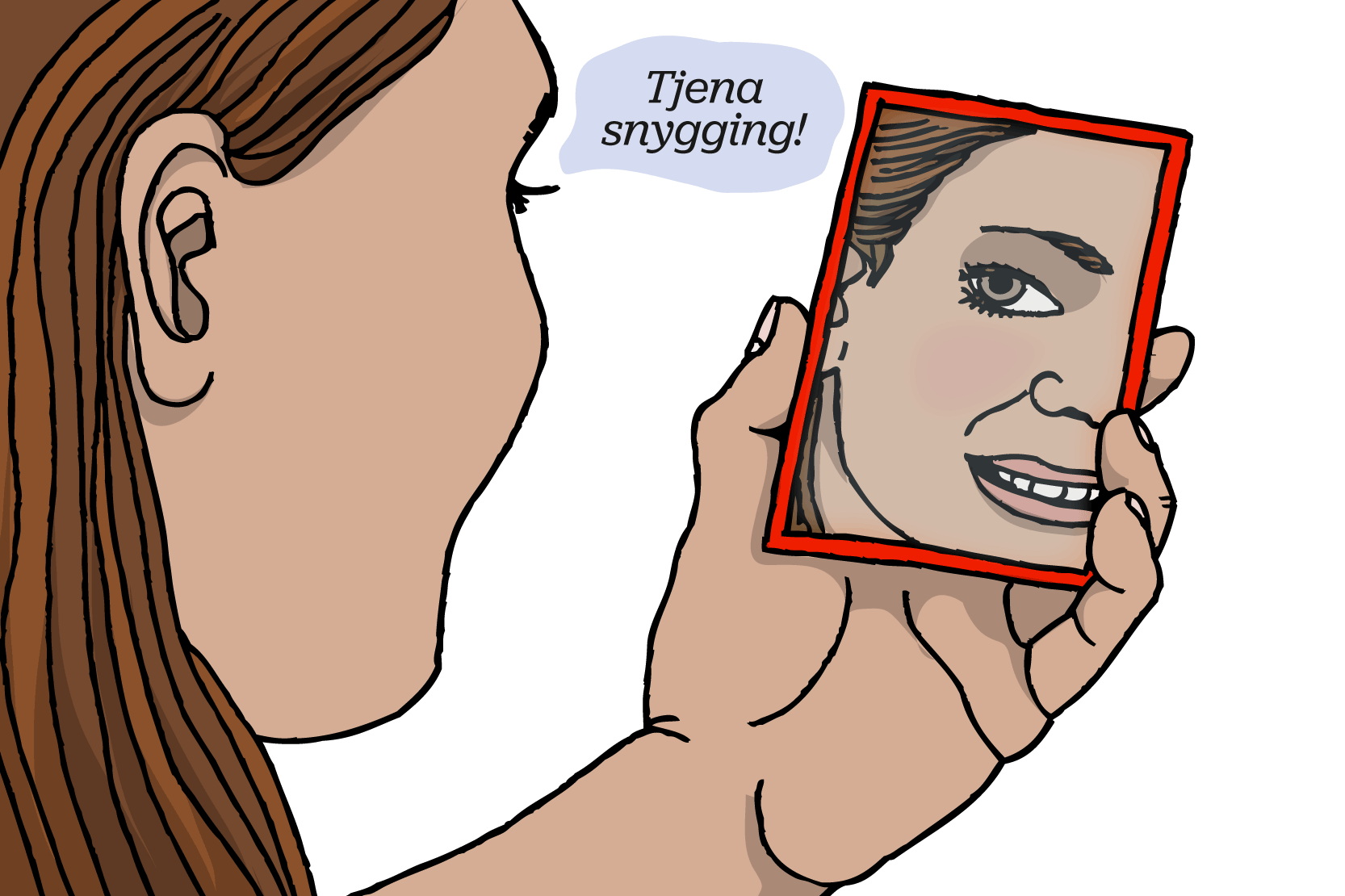 Person som tittar på sig själv i spegeln med en pratbubbla där det står "Tjena snyggning". Illustration
