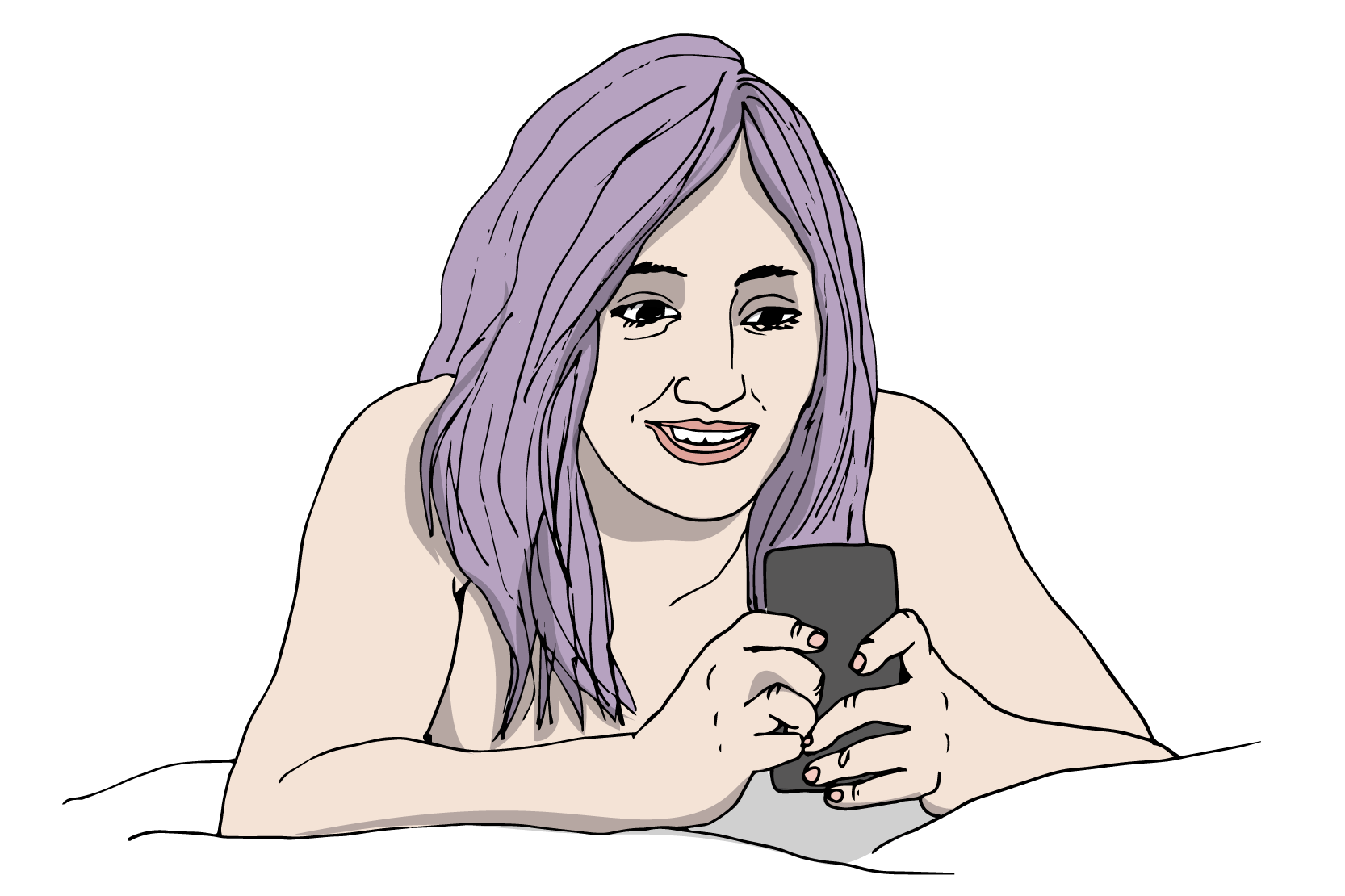 En tjej som ligger och tittar i mobilen, glad.