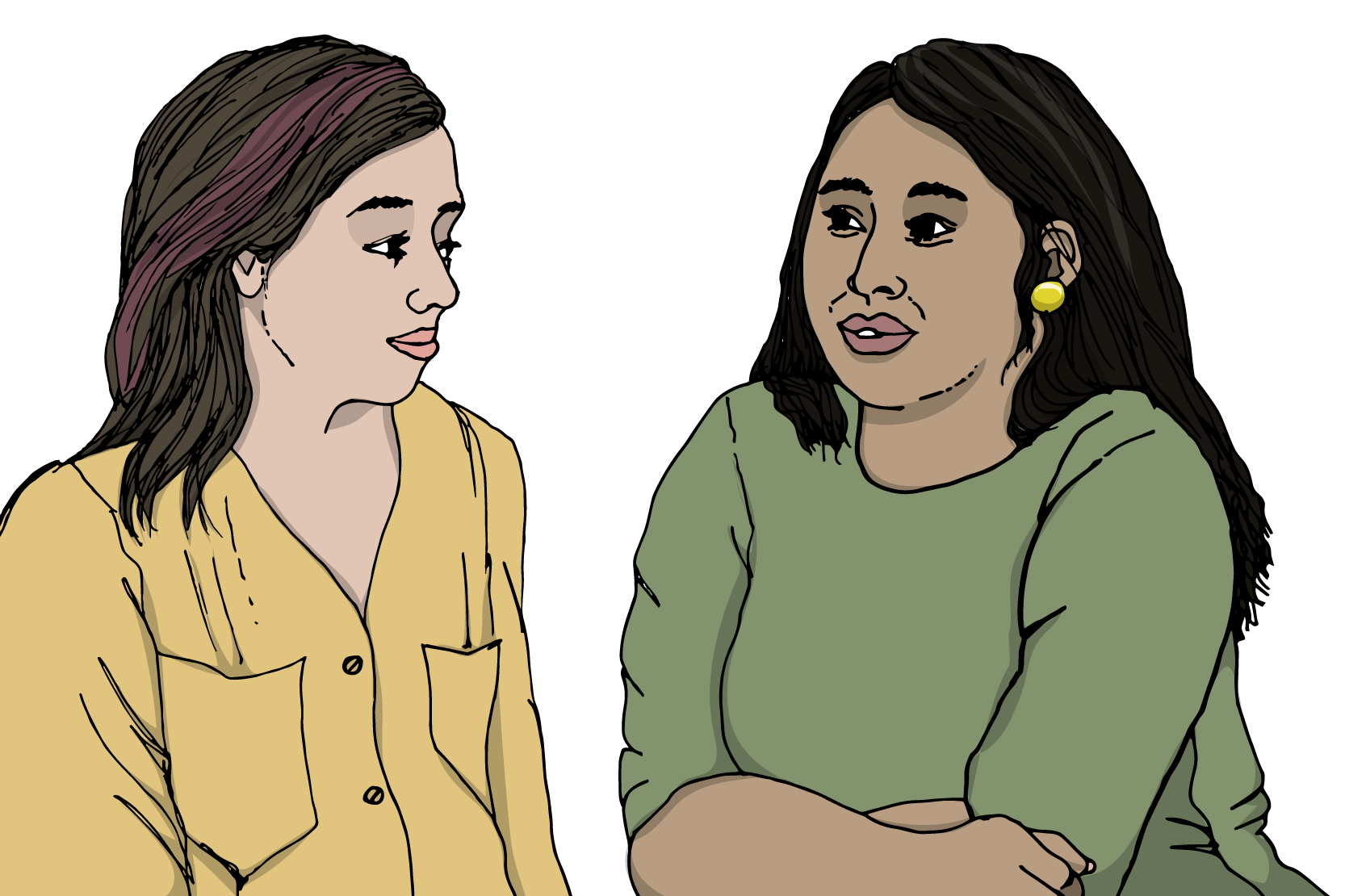 En person som lyssnar intresserat och vänligt på en annan person. Illustration.