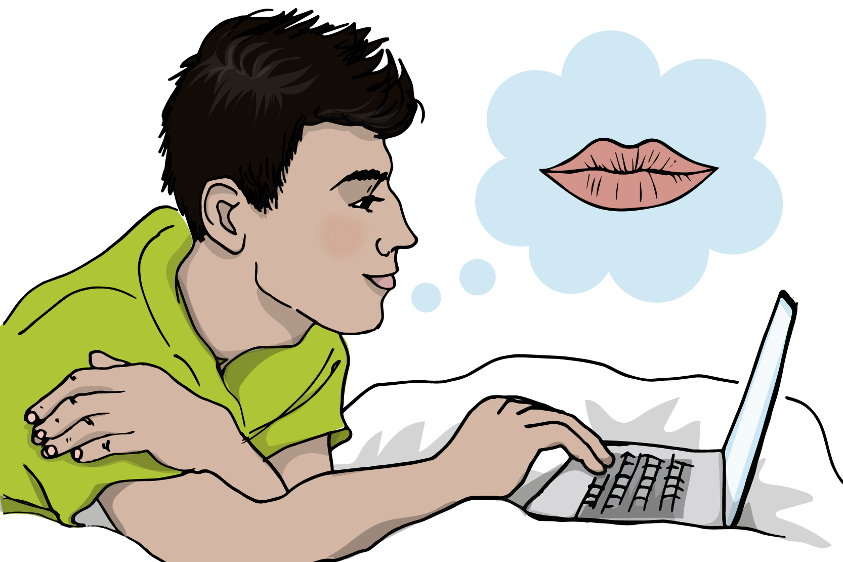 En person med rosiga kinder ligger i en säng och läser på en skärm. Illustration. 