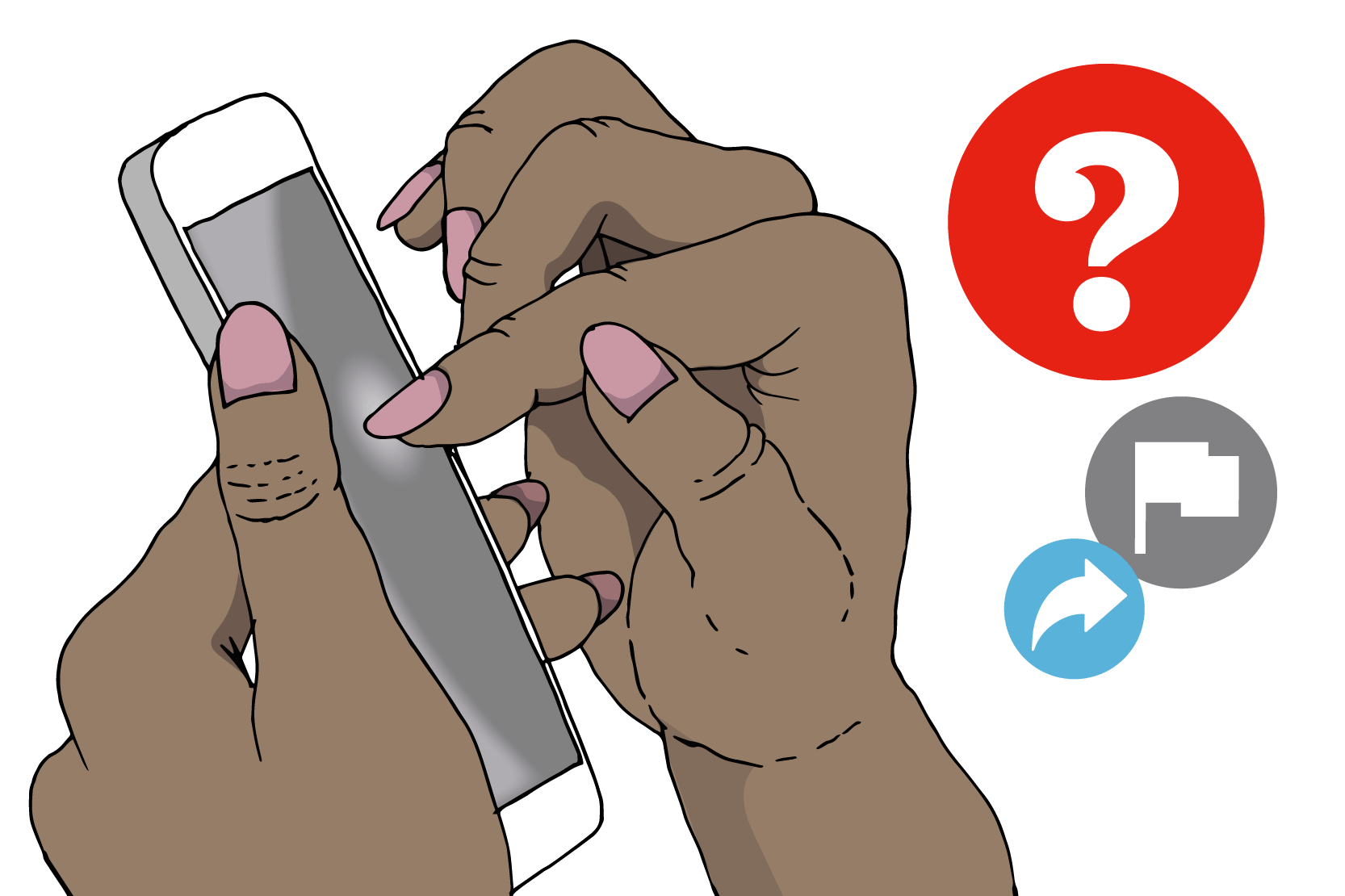 Två händer som håller i en mobiltelefon. Ett frågetecken, en pil och en flagga syns i bakgrunden. Illustration. 