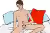En person halvligger i en säng och onanerar, illustration.