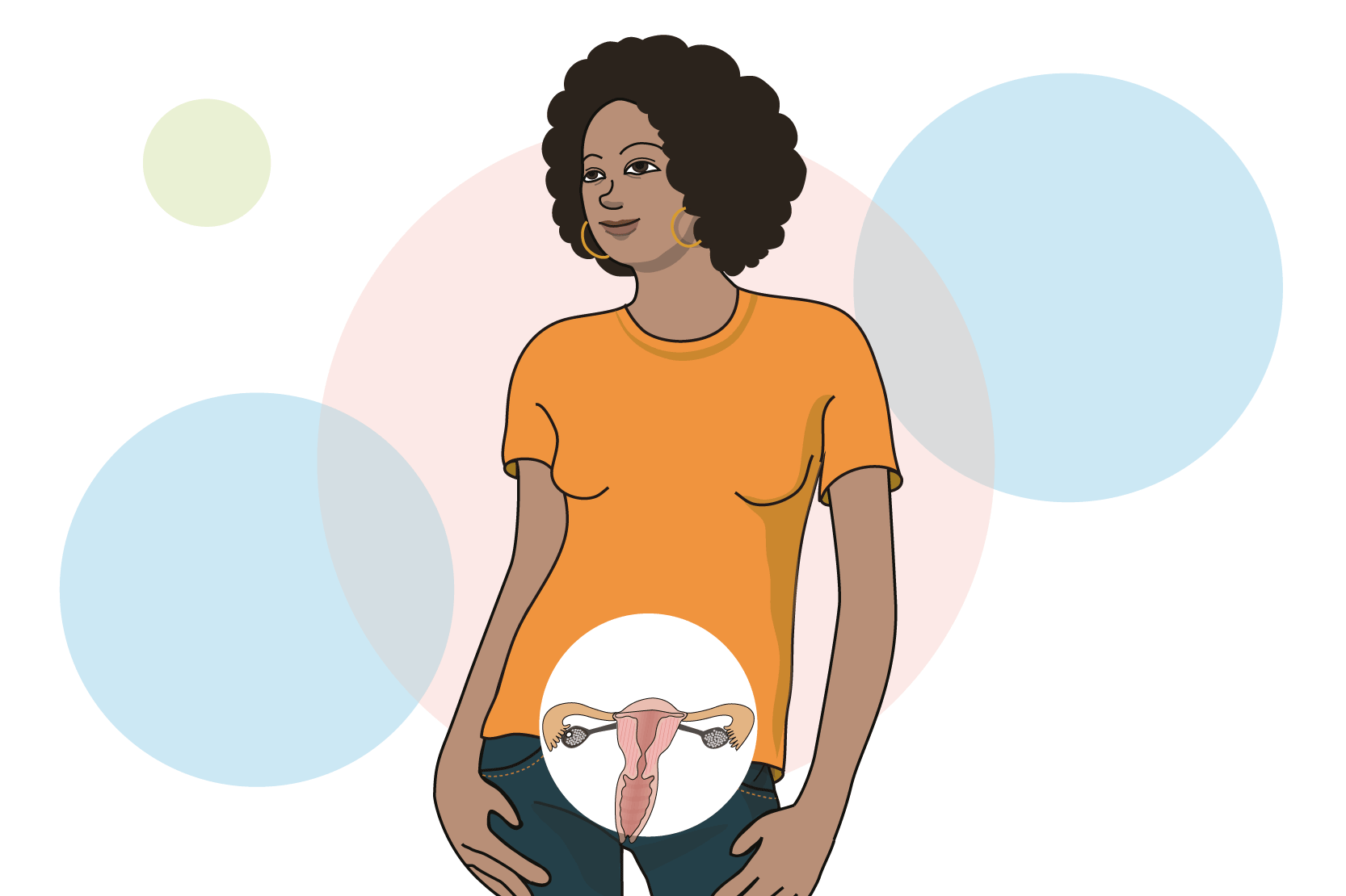 En person med jeans och t-shirt. En cirkel framför underlivet visar var äggstockar och äggledare finns inuti kroppen. Illustration