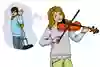 En person spelar fiol. Hen har tårar i ögonen och tänker på en person som vinkar hejdå. Illustration.