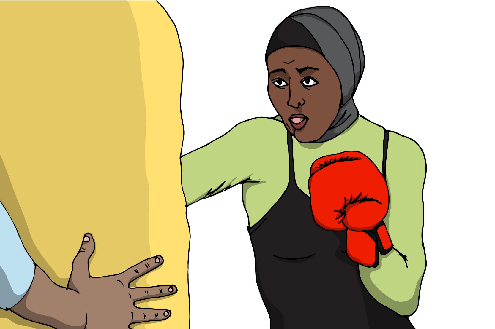 En person slår mot en boxningssäck. Illustration.