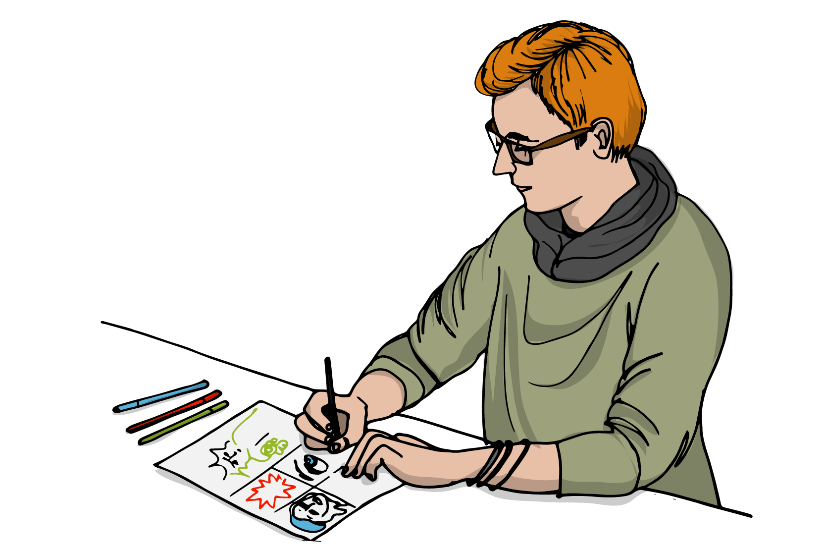 En person sitter och tecknar. Illustration.