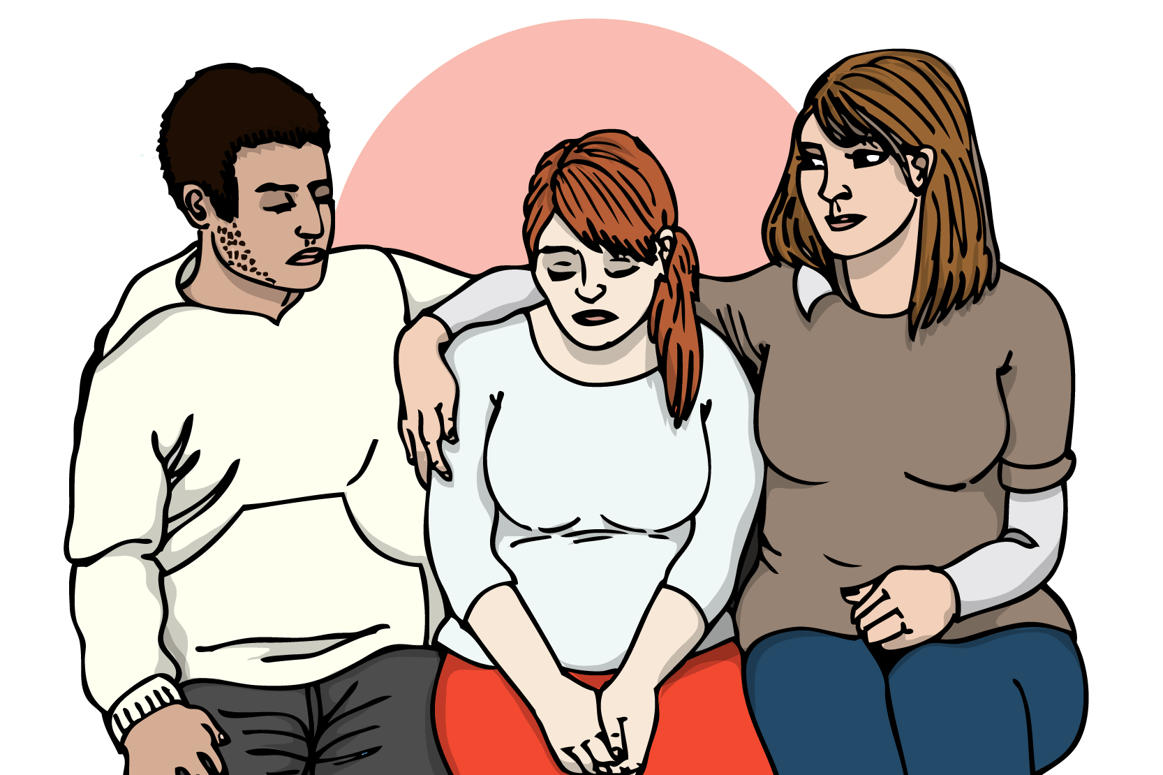 En person som sitter tillsammans med två andra personer, en yngre man och en äldre kvinna, illustration