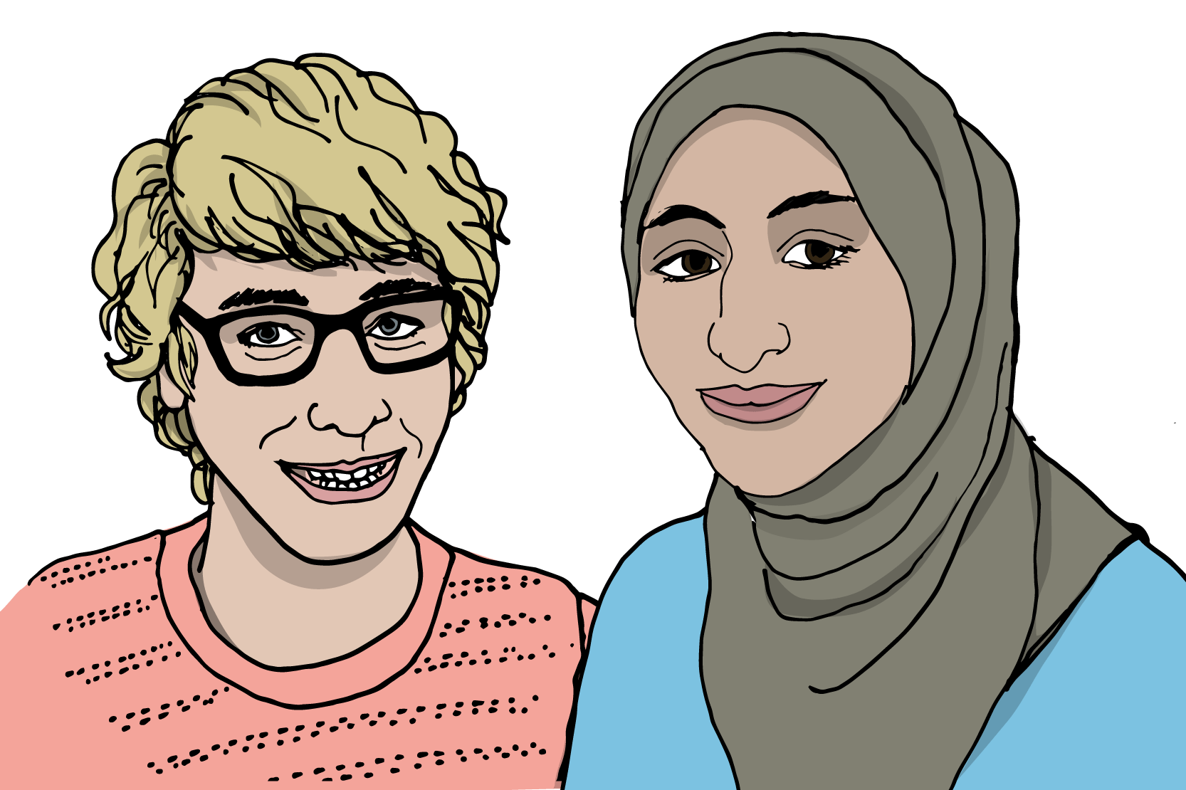 Två personer som ser glada ut. Illustration.