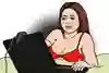 En person i bh halvligger med en laptop i knät. Illustration.