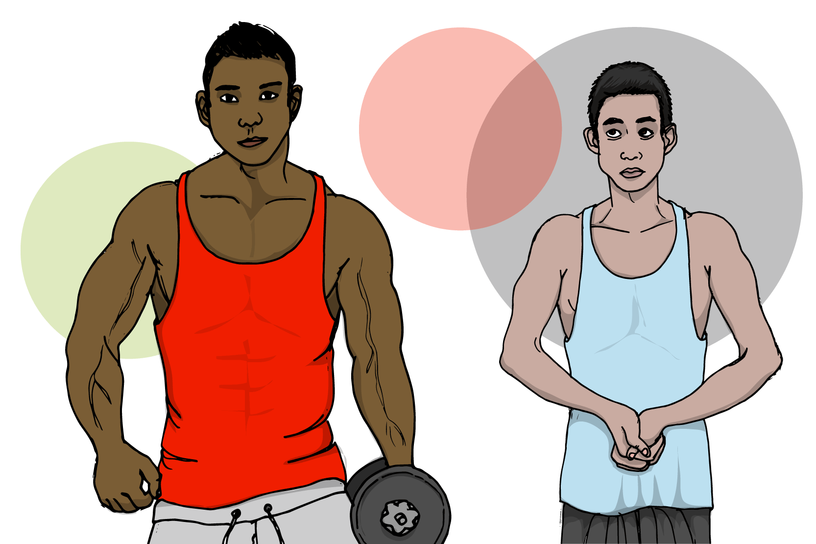 Två personer där en har stora muskler och står och spänner sig medan den andra personen har tunnar kropp och står i bakgrunden och tittar på, illustration.