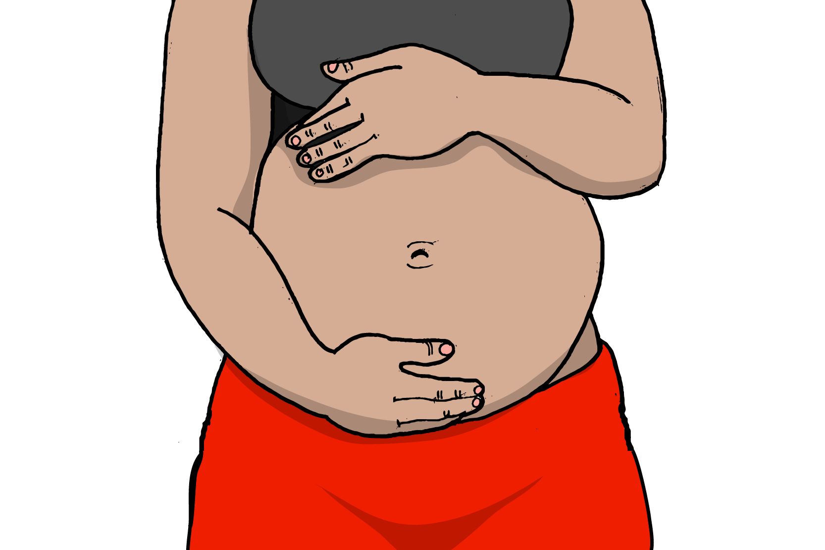 En gravid person med naken mage håller om magen med båda händerna. Illustration.
