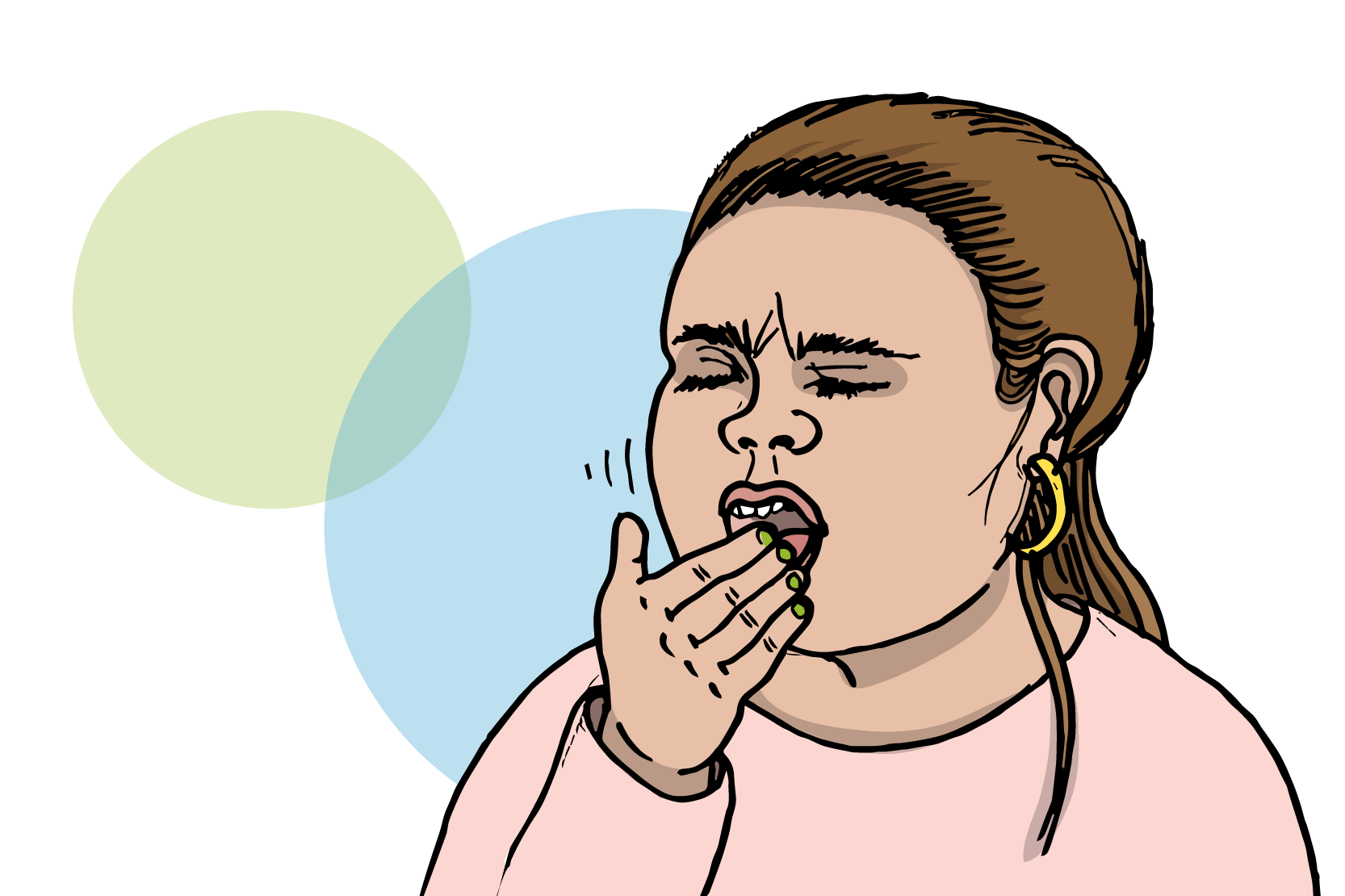 En person som hostar och håller för munnen. Illustration.