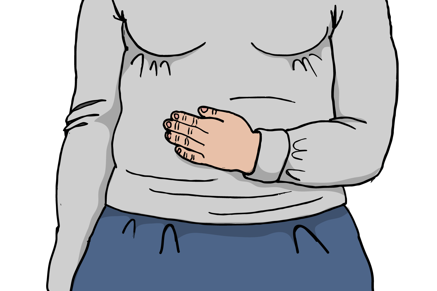 En person som håller ena handen på magen, illustration.