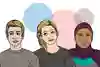 Porträttbilder på tre olika personer som ser ledsna ut. Illustration