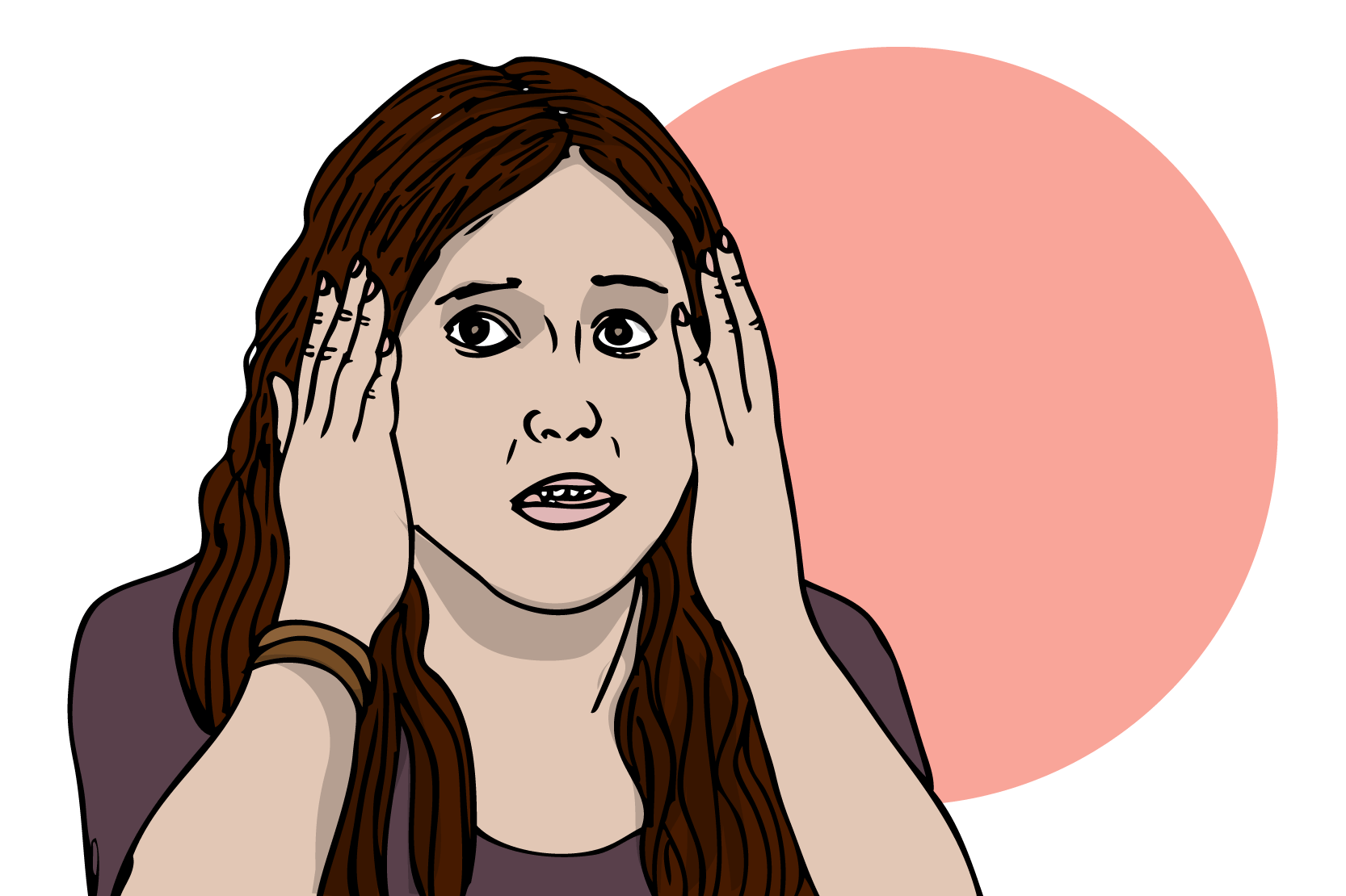 En person som håller händerna mot huvudet och ser rädd ut. Illustration.