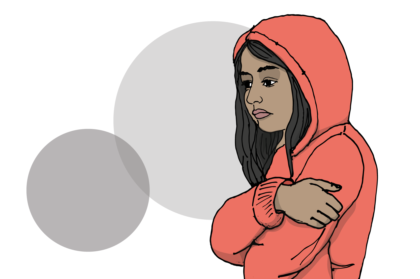 En person som är klädd i munkjacka med huva som tittar framför sig och ser ledsen ut, illustration.