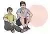 Två personer som sitter bredvid varandra på golvet. Illustration.