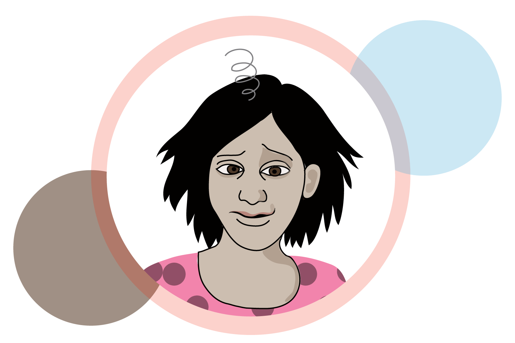 En person som ser illamående och yr ut, illustration.