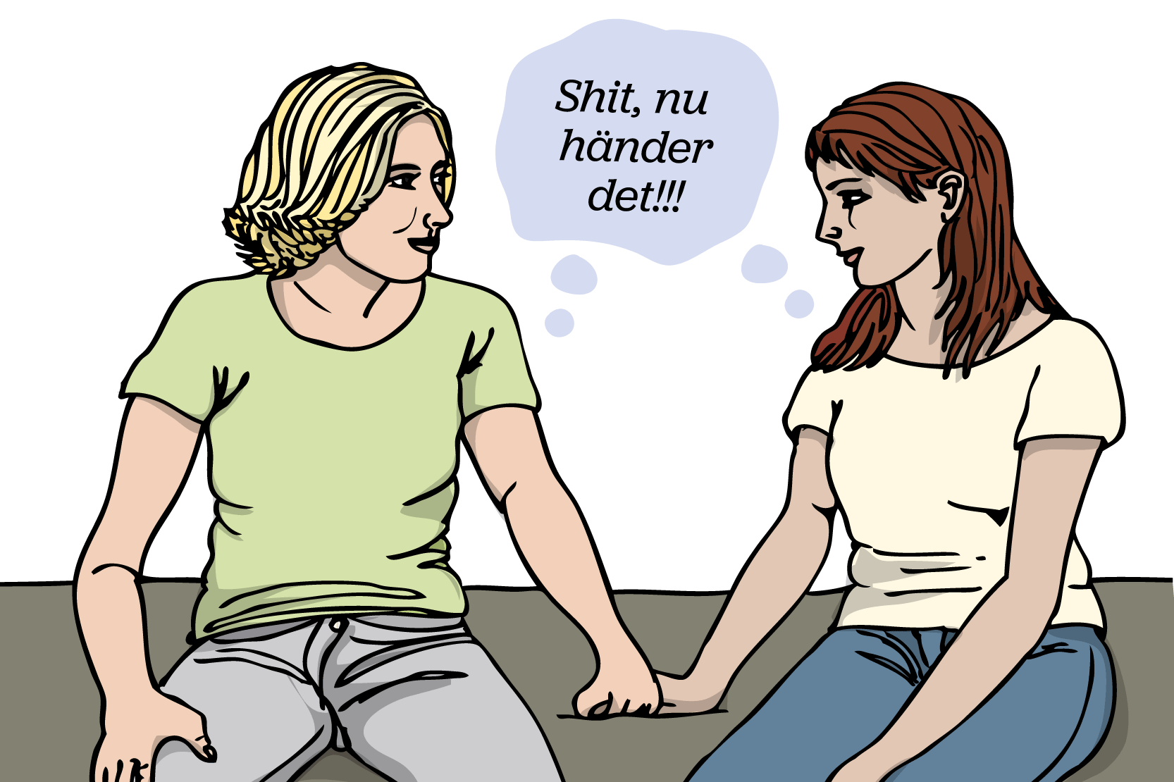 Två personer sitter nära varandra, småler och tänker "Shit, nu händer det!" Illustration.