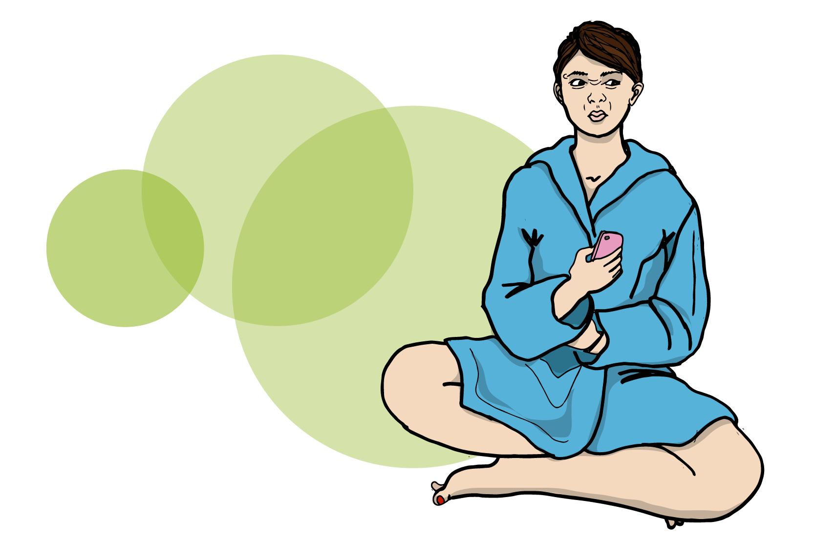 En person som sitter i morgonrock på golvet med korslagda ben, illustration.