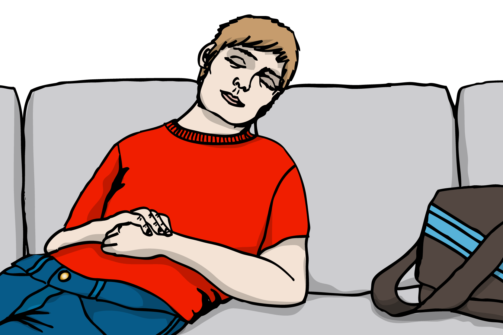 En person som somnat i soffan, med skolväskan bredvid sig, illustration.