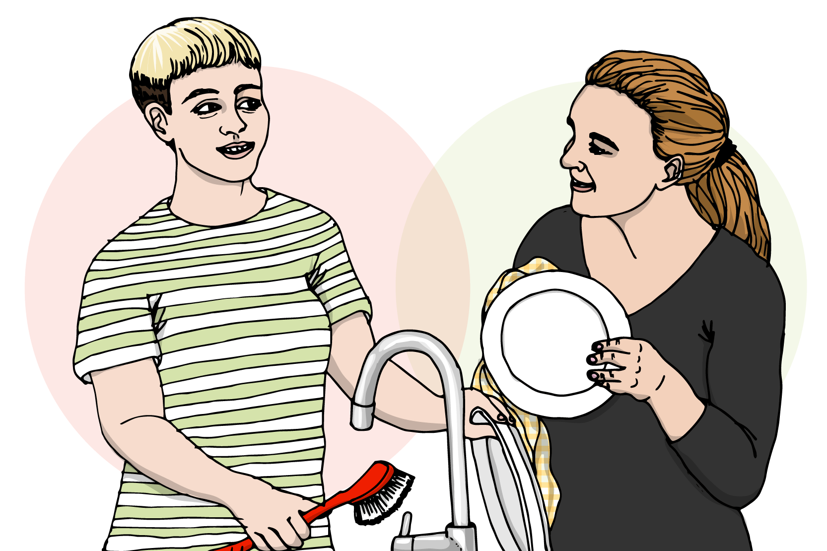 Två personer står i köket och diskar och har trevligt. Illustration