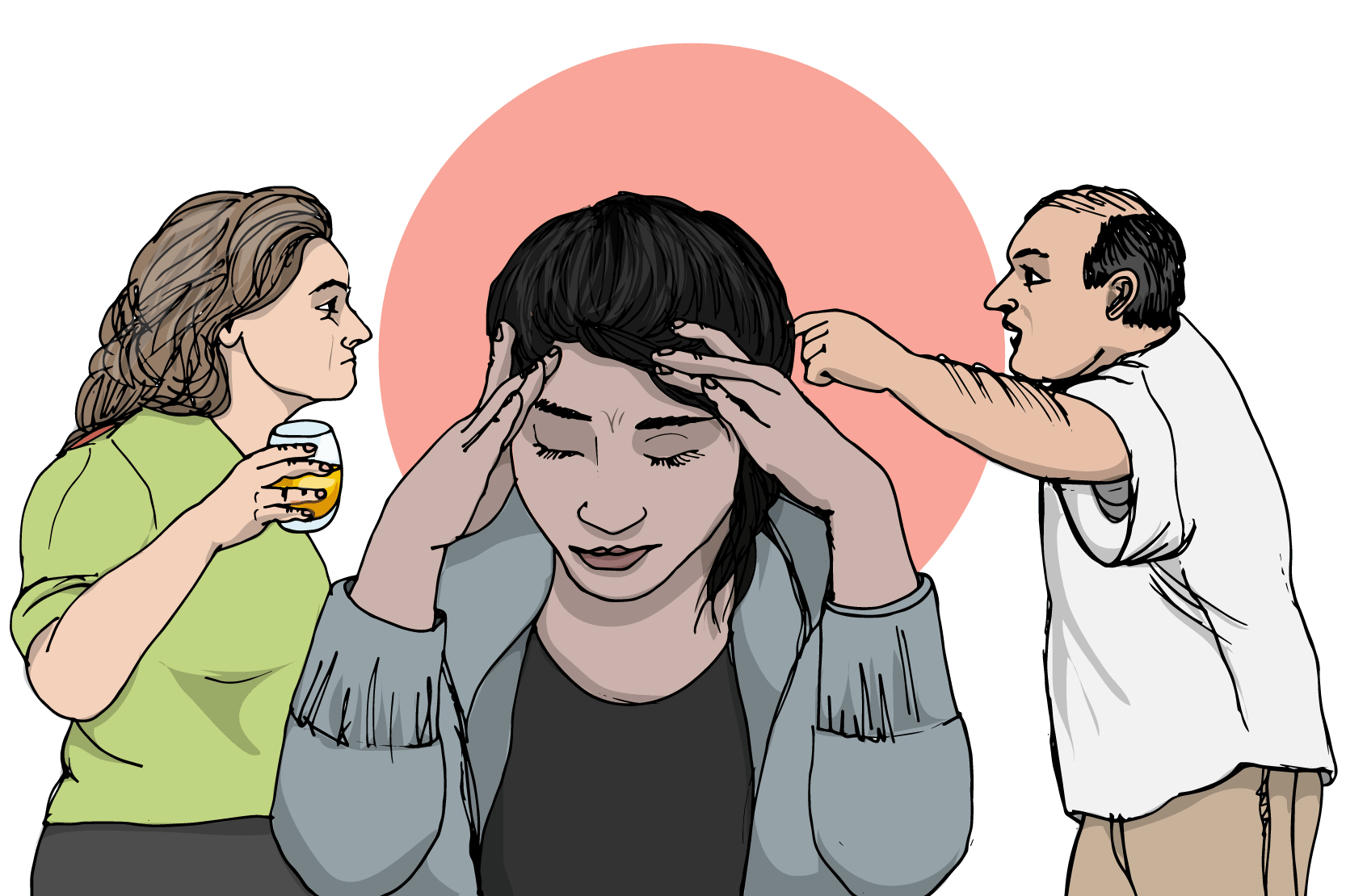 Två vuxna står och grälar över huvudet på en ung person som ser ut att må dåligt. Illustraion