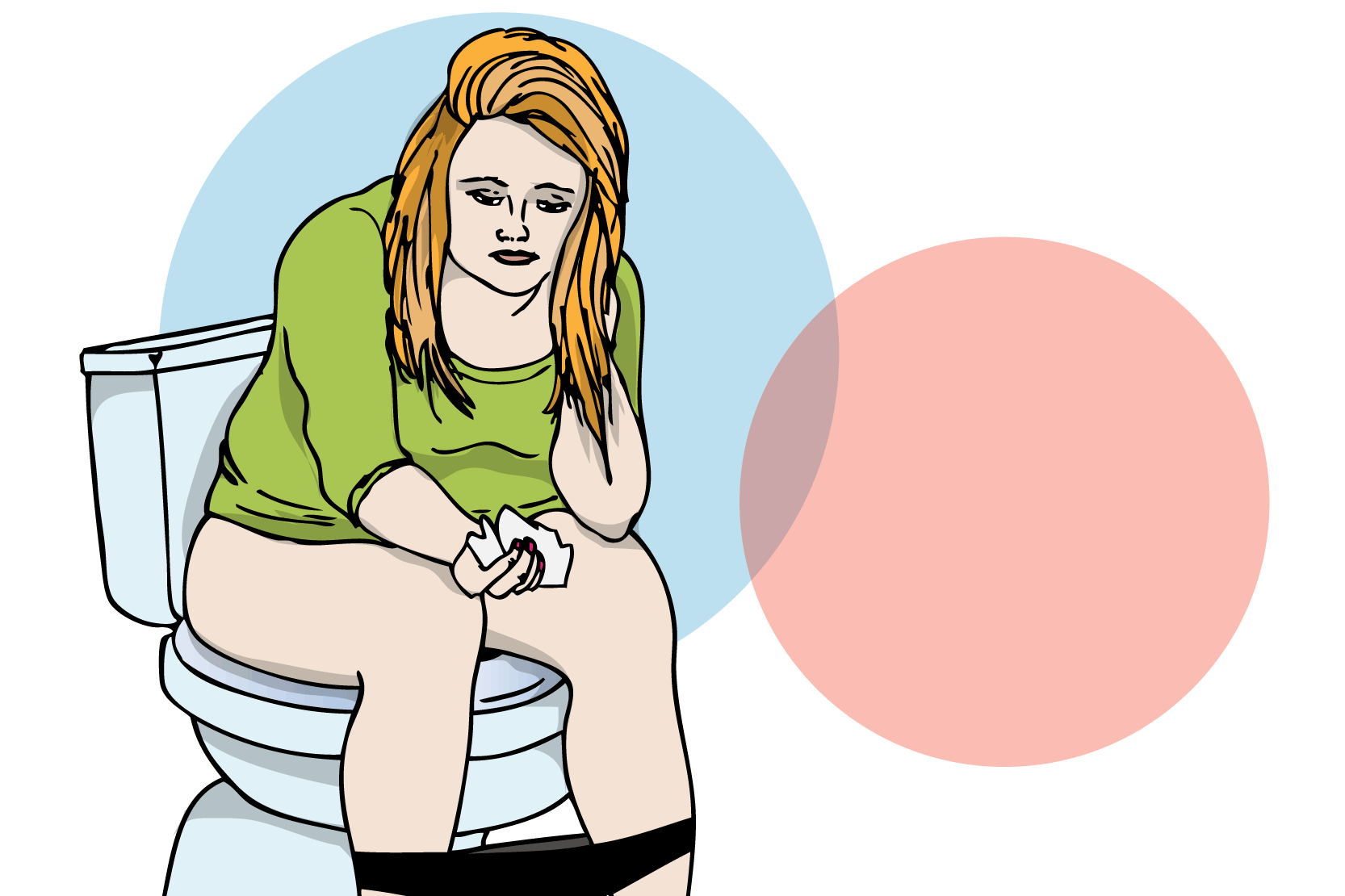 Person som sitter på toaletten och tittar på toalettpappret som hon har torkat sig med och som är lite blodigt, illustration.