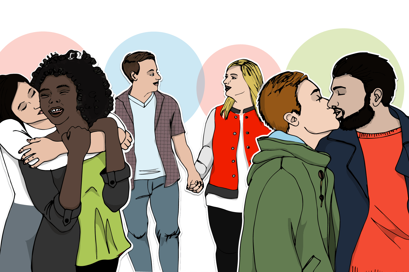 Flera personer håller hand, kramas eller kysser varandra.