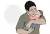 Förälder som håller en liten bebis i armarna. Båda blundar. Illustration.