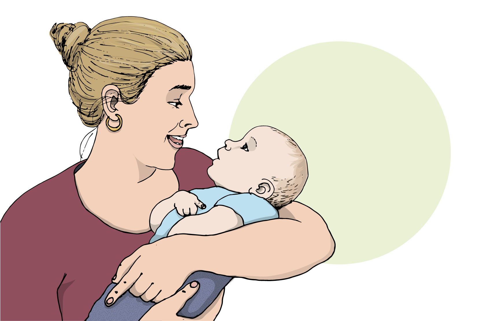 Förälder som håller i en bebis och de tittar varandra i ögonen. Illustration.