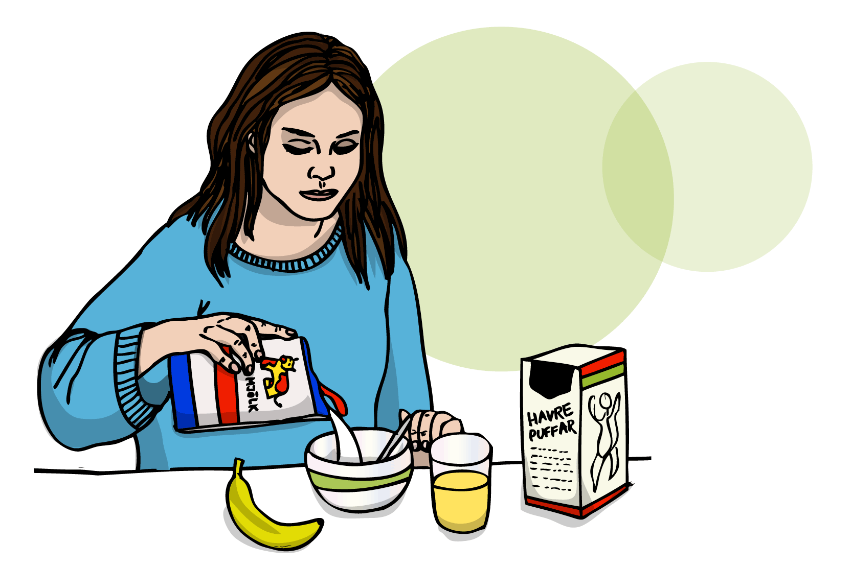Person som häller upp filmjölk i en skål. På bordet finns också banan, havrepuffar och ett glad med dryck i, illustration.